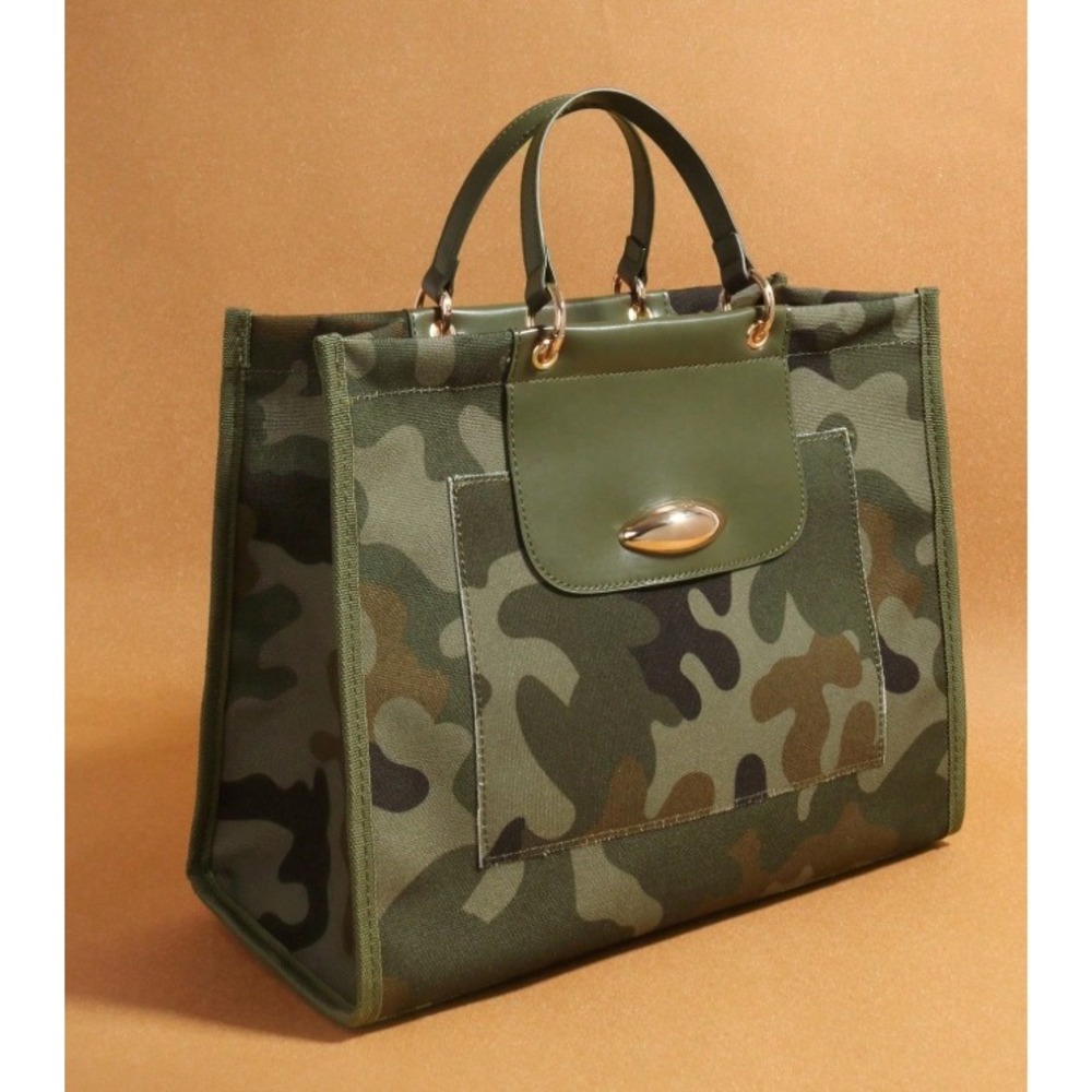 Green Camouflage Canvas Tote Bag with Olive Trim and Shoulder Strap